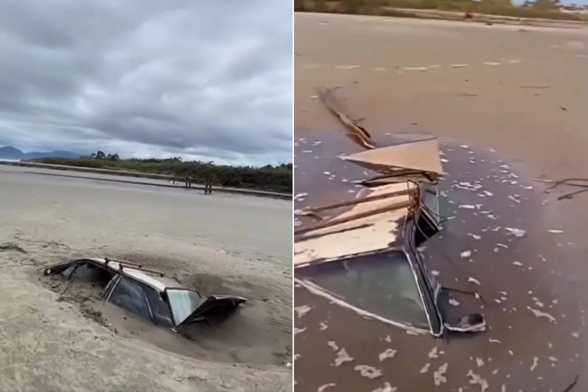 Carro é encontrado soterrado na faixa de areia de praia em SP; VÍDEO