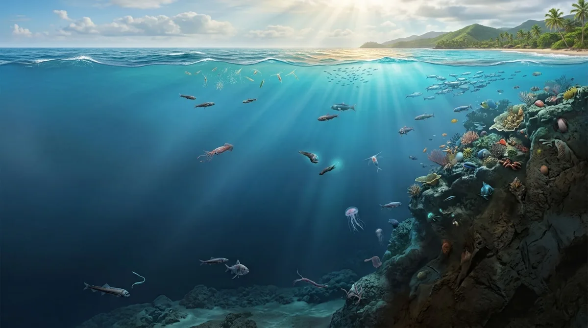 Entre 100 e 1.500 metros de profundidade existem regiões do oceano onde o oxigênio quase desaparece, mas acima e abaixo delas a água volta a ter concentrações maiores