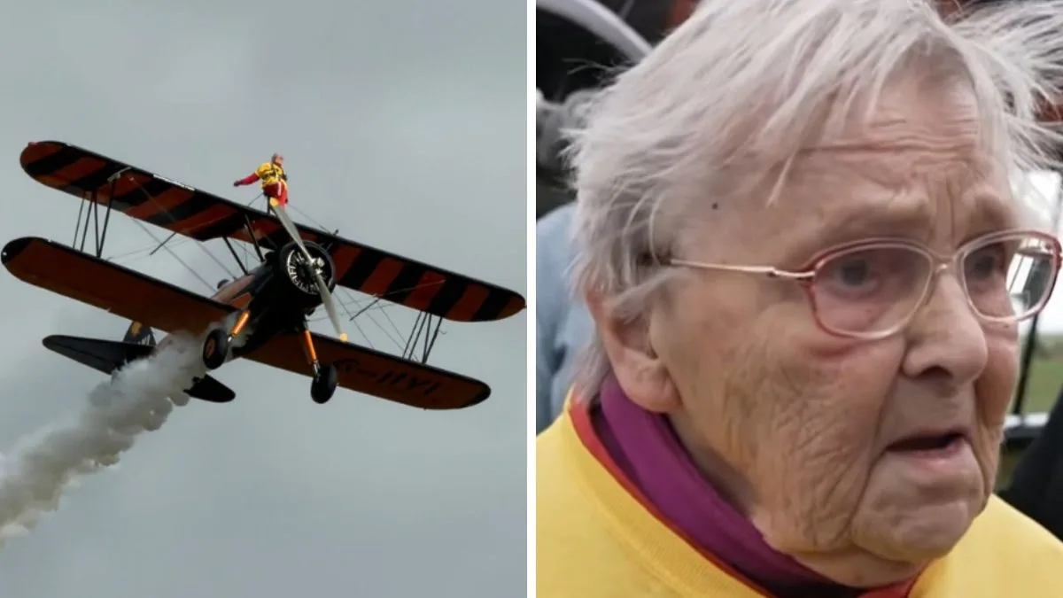 Mulher de 99 anos caminha sobre um avião, se torna a mais velha do mundo na acrobacia e escolhe o aniversário para bater recorde