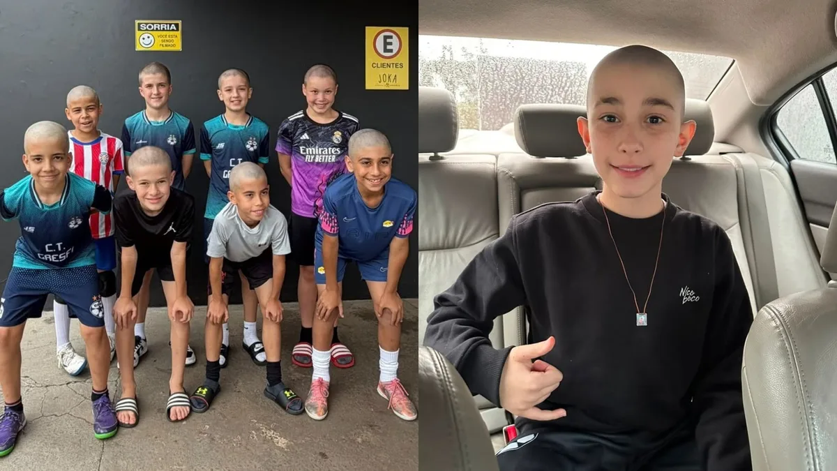 Menino de 10 anos com câncer corta cabelo minutos após descobrir que amigos de futsal rasparam a cabeça por ele: 'Time dos carecas'