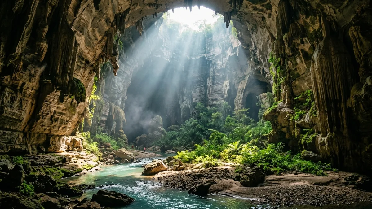 Uma enorme caverna brasileira possui salões de até 100 metros de altura porque um rio passou milhares de anos dissolvendo a rocha por dentro