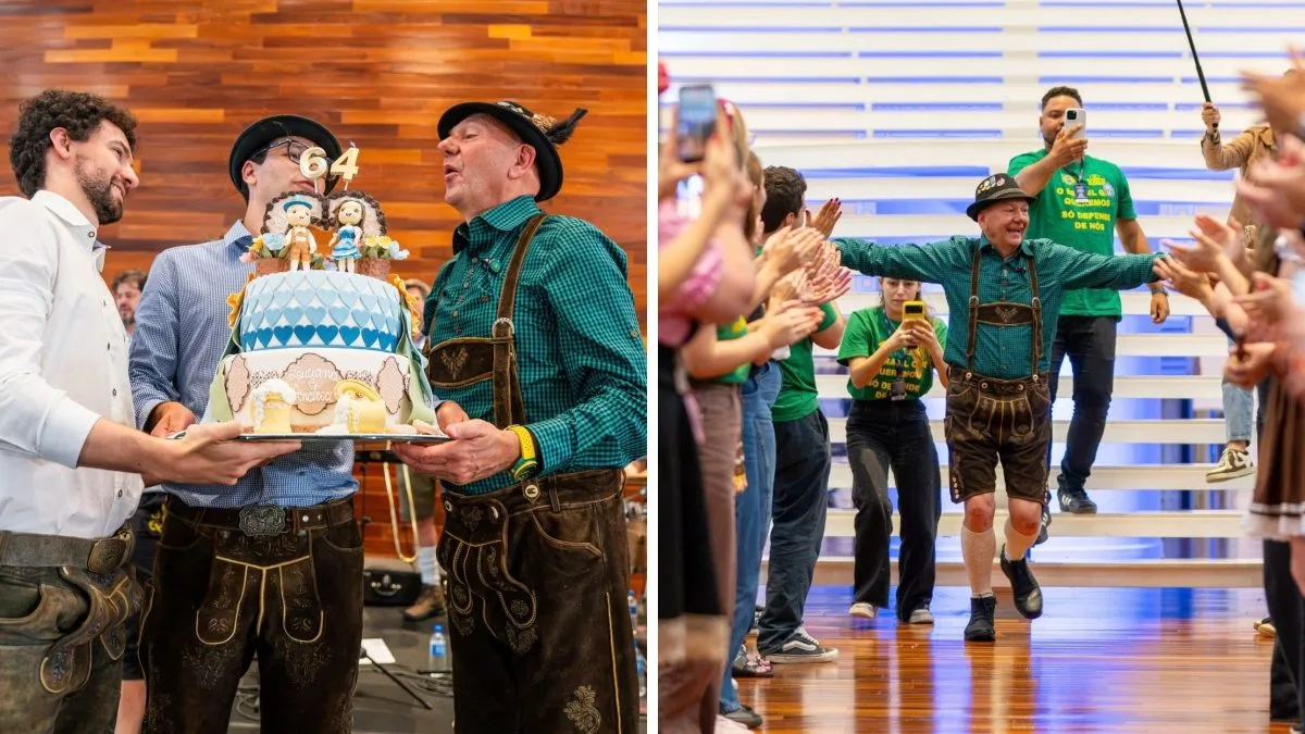 Luciano Hang inicia comemorações dos 64 anos com festa dentro da própria empresa em SC: ‘não existe lugar melhor no mundo para comemorar aniversário’