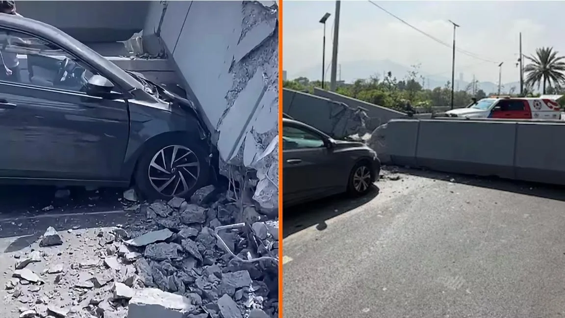 Maquinaria derriba puente peatonal y cae sobre auto en avenida Constitución de Monterrey