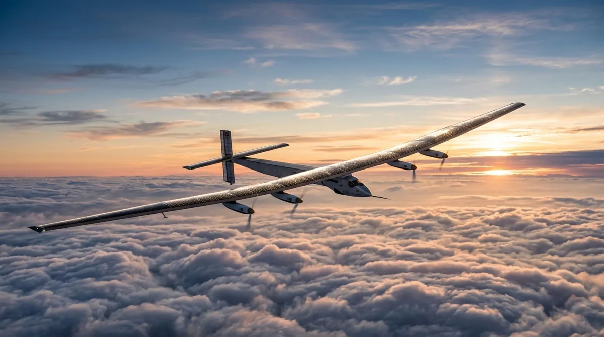 Construído para permanecer vários dias no ar sem pousar, este avião experimental utiliza uma asa gigantesca coberta por painéis solares e motores elétricos capazes de continuar funcionando mesmo durante a noite