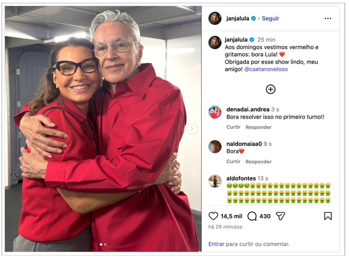 Caetano Veloso declara novamente apoio a Lula para presidente