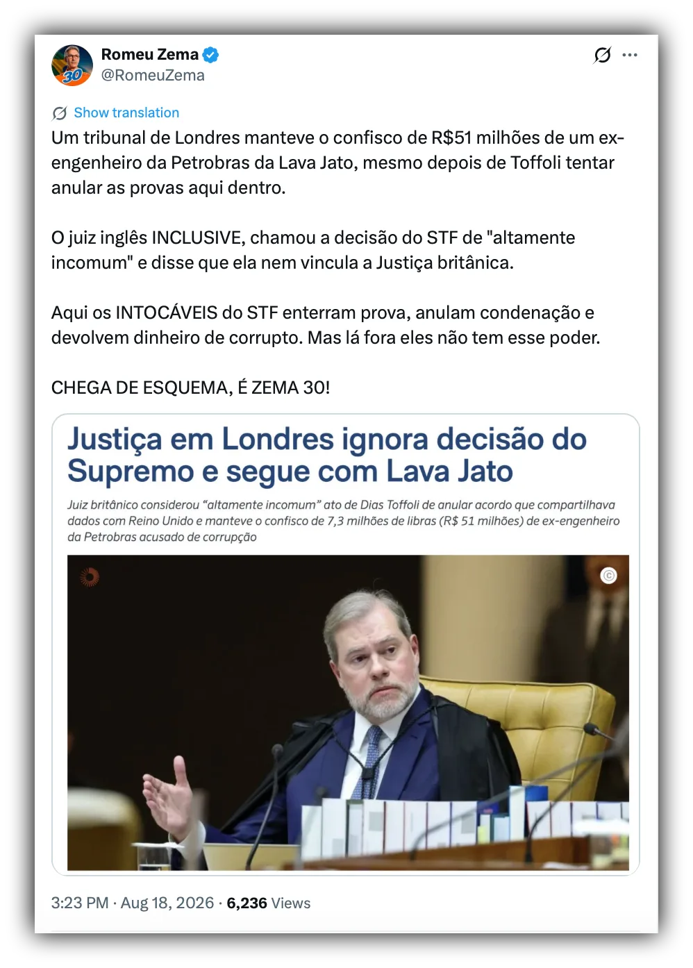 Aqui “intocáveis” do STF enterram prova, diz Zema sobre decisão britânica