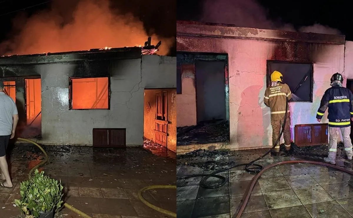 Moradores saem por alguns minutos e encontram casa destruída por incêndio no interior do Paraná