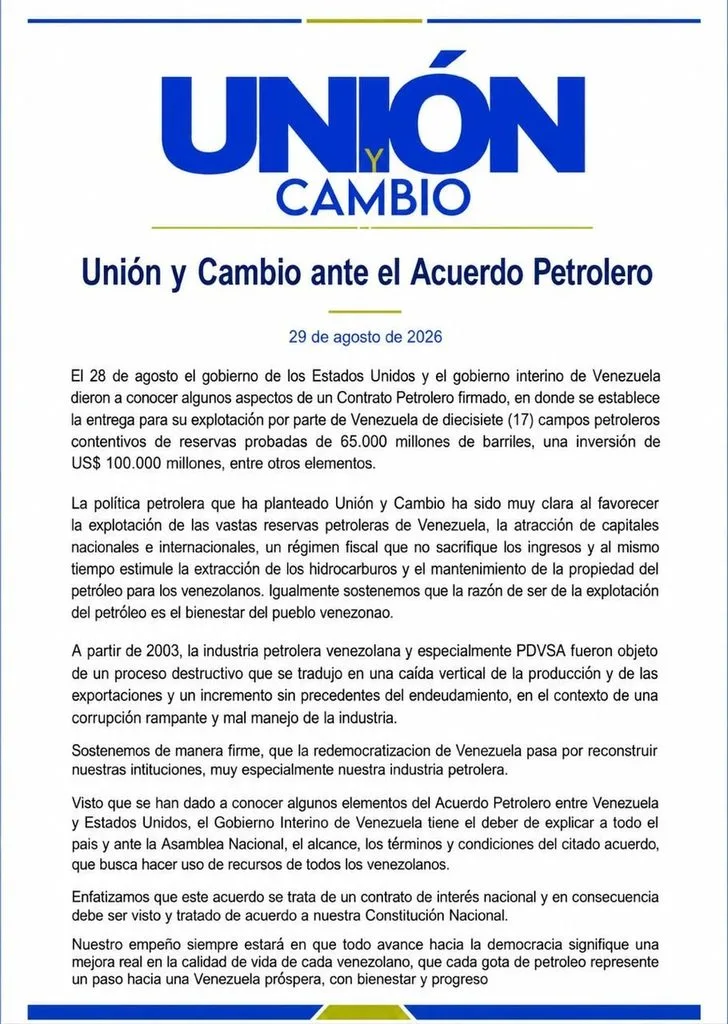 Unión y Cambio exige explicaciones públicas sobre los términos del nuevo convenio petrolero (+Comunicado)
