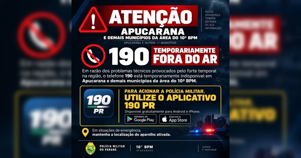 Número 190 da PM está fora do ar em Apucarana e região; veja como chamar a polícia