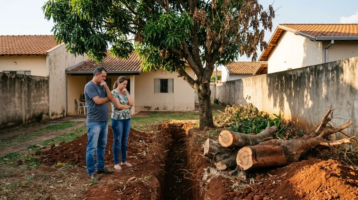 Casal encontra as raízes da mangueira cortadas durante a abertura de uma vala no terreno ao lado e, após a árvore começar a secar, cobra avaliação técnica e reparação do vizinho