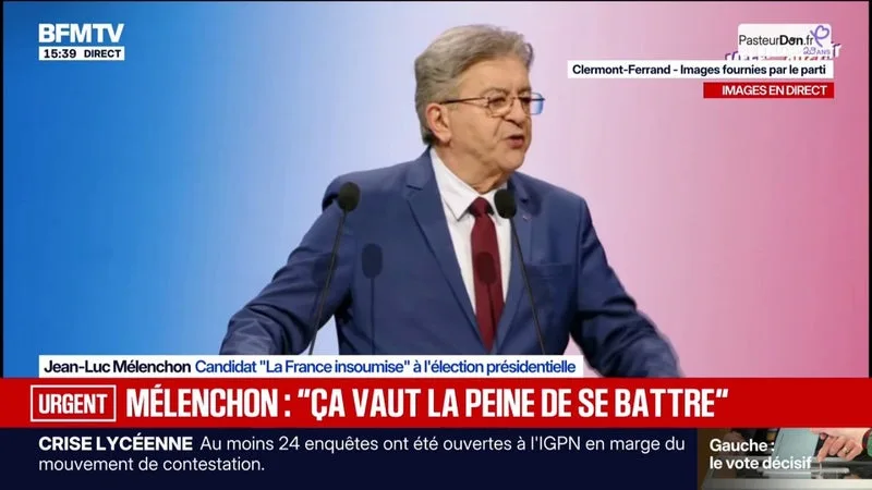 "Monsieur Trump est un adversaire pour nous, et rien de plus", déclare Jean-Luc Mélenchon, candidat LFI à la présidentielle, en meeting à Clermont-Ferrand
