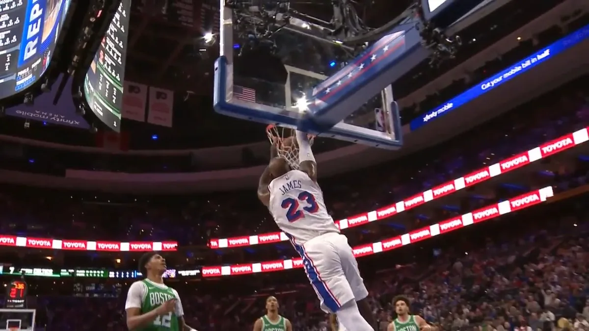 76ers’ James throws down alley-oop slam off Maxey’s pass against Celtics