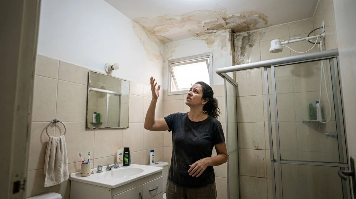 Moradora encontra manchas no teto do banheiro, cobra uma reforma do vizinho de cima e vê o conflito aumentar durante semanas, mas um teste realizado pelo encanador identifica o vazamento em uma tubulação que atende vários apartamentos