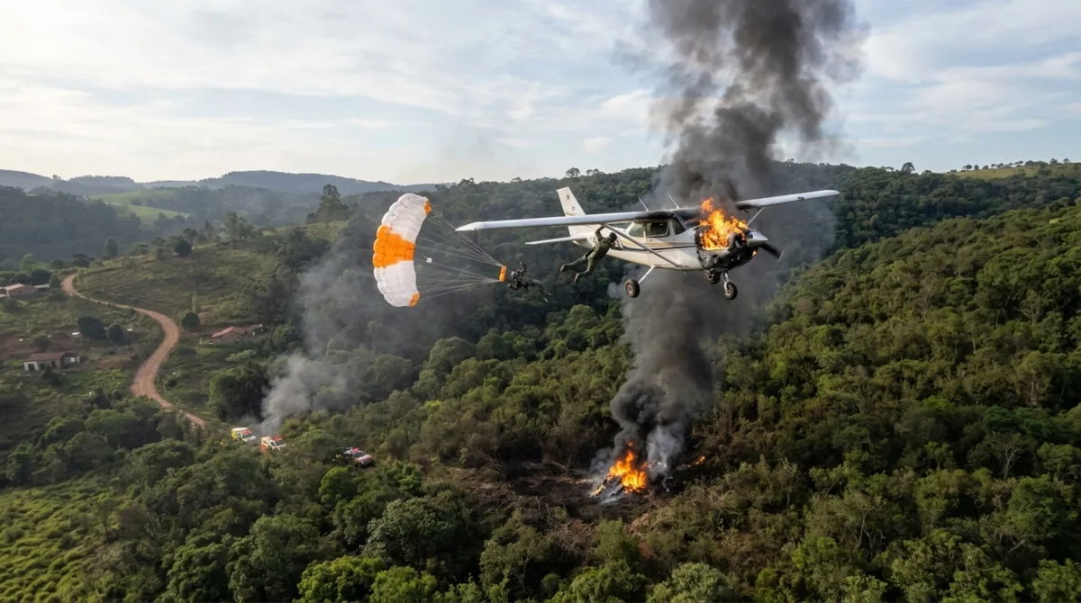 Avião pega fogo no ar e piloto faz salto de paraquedas antes de queda em Minas Gerais