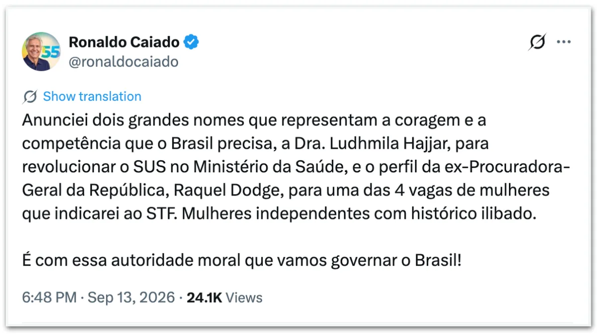 Caiado diz que indicará Hajjar para pasta da Saúde e Dodge para o STF