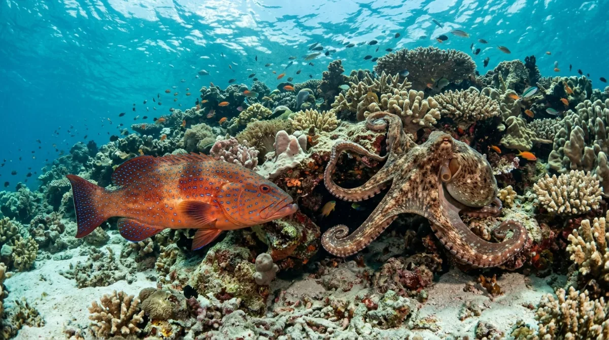O predador dos mares que faz uma parceria secreta com polvos para tirar peixes escondidos das frestas do recife