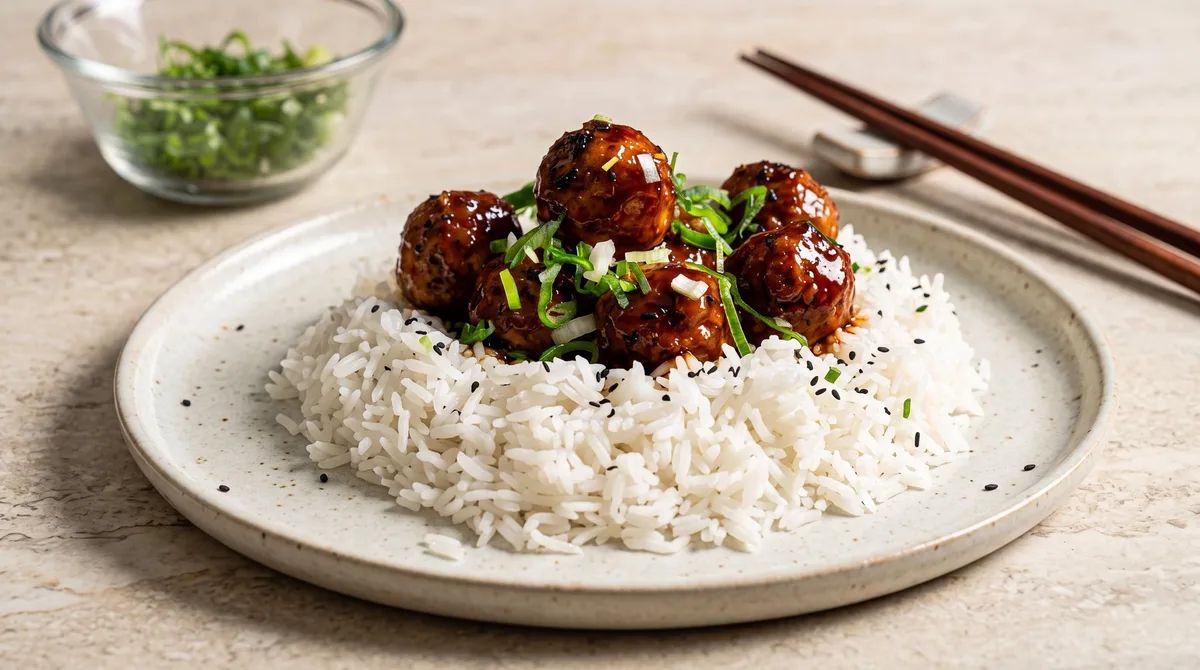 Receta de albóndigas con arroz y salsa, rápida y fácil