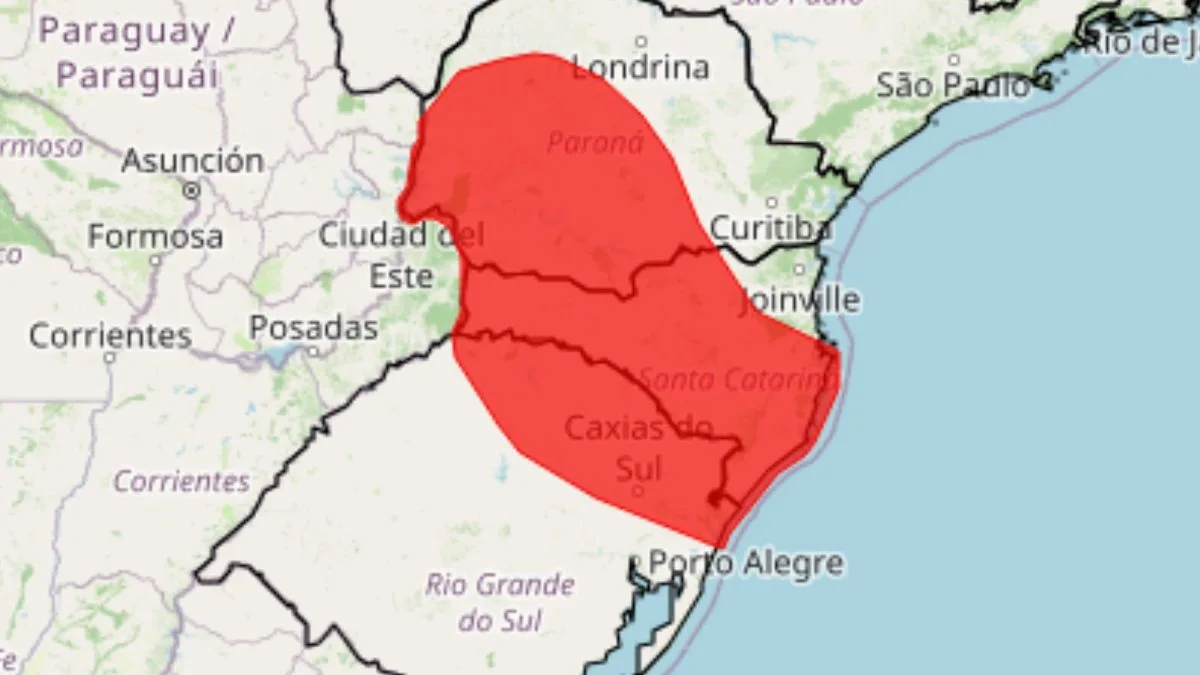 Inmet atualiza alerta vermelho no Sul e coloca 708 municípios em risco de temporais com ventos acima de 100 km/h; frente fria intensifica as instabilidades