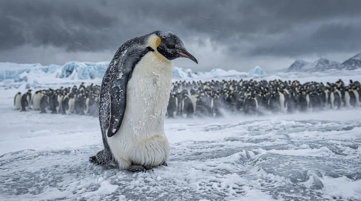 No inverno antártico, o pinguim-imperador macho equilibra um único ovo sobre os pés e passa 9 semanas em jejum, podendo perder 45% do peso antes de voltar ao mar