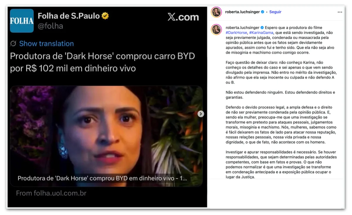 Roberta Luchsinger pede que produtora de “Dark Horse” não seja julgada