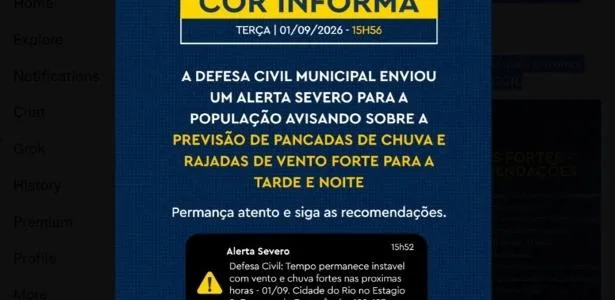 Defesa Civil emite alerta severo para vento e chuvas fortes no Rio