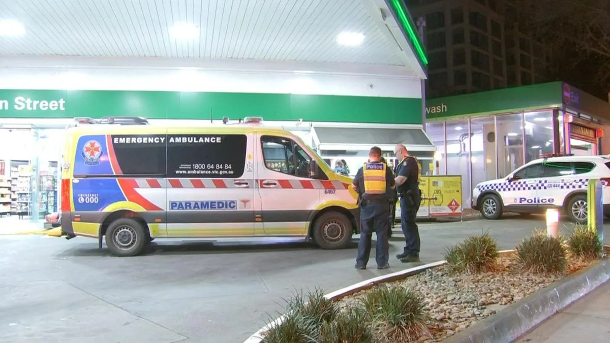 Pedestrian hit by car in chaotic service station fight in Melbourne