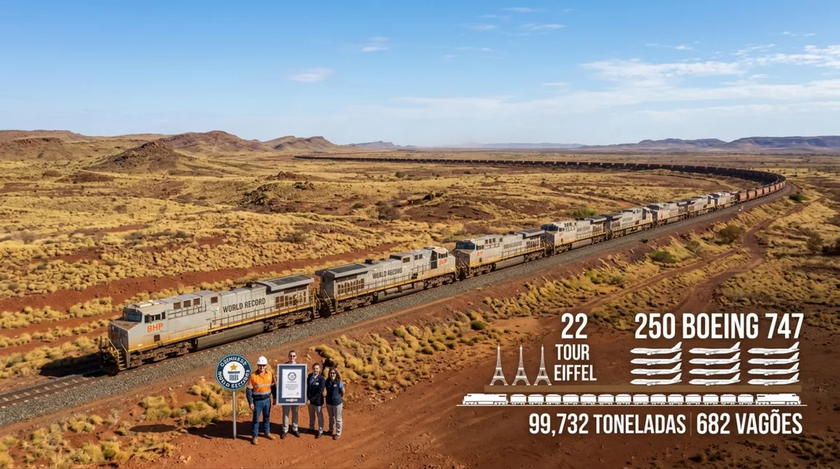 Ele mede 7,3 quilômetros, tem 682 vagões e detém o recorde mundial do Guinness como o trem mais longo e pesado da história