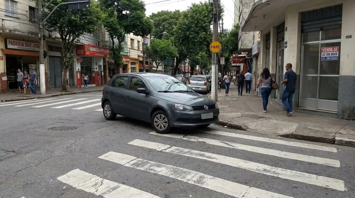 Motorista deixa parte do carro sobre a faixa de pedestres para caber na vaga e pode ser multado mesmo sem bloquear toda a travessia