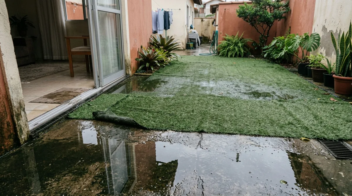 Casal instala grama sintética sobre concreto para acabar com o barro e, depois do temporal, água acumulada invade a sala