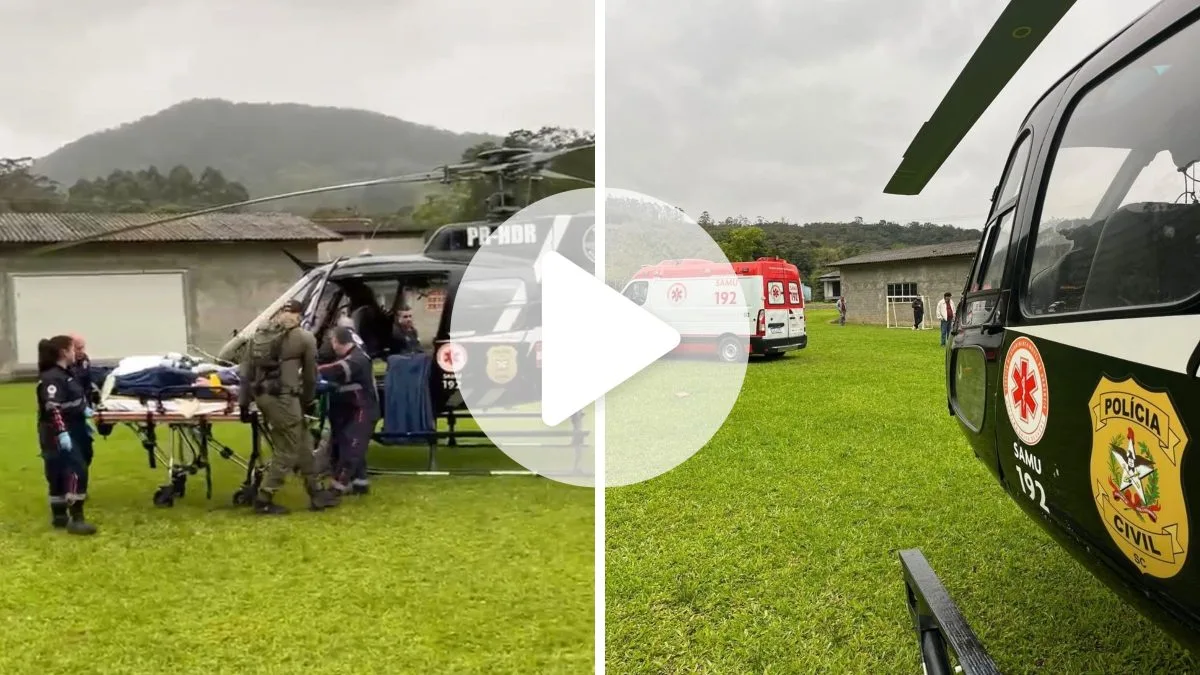 Idoso de 62 anos cai de sete metros de altura enquanto estava no telhado de casa e precisa de resgate aéreo em SC