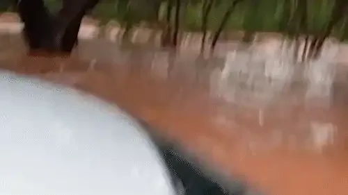 Água quase chega à altura do vidro de carro em trecho alagado da Ernesto Geisel