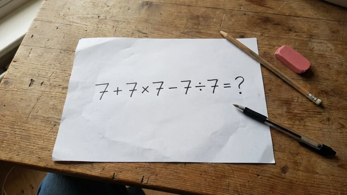 Resolva 7 + 7 × 7 − 7 ÷ 7 e veja se você consegue chegar ao resultado correto sem calculadora