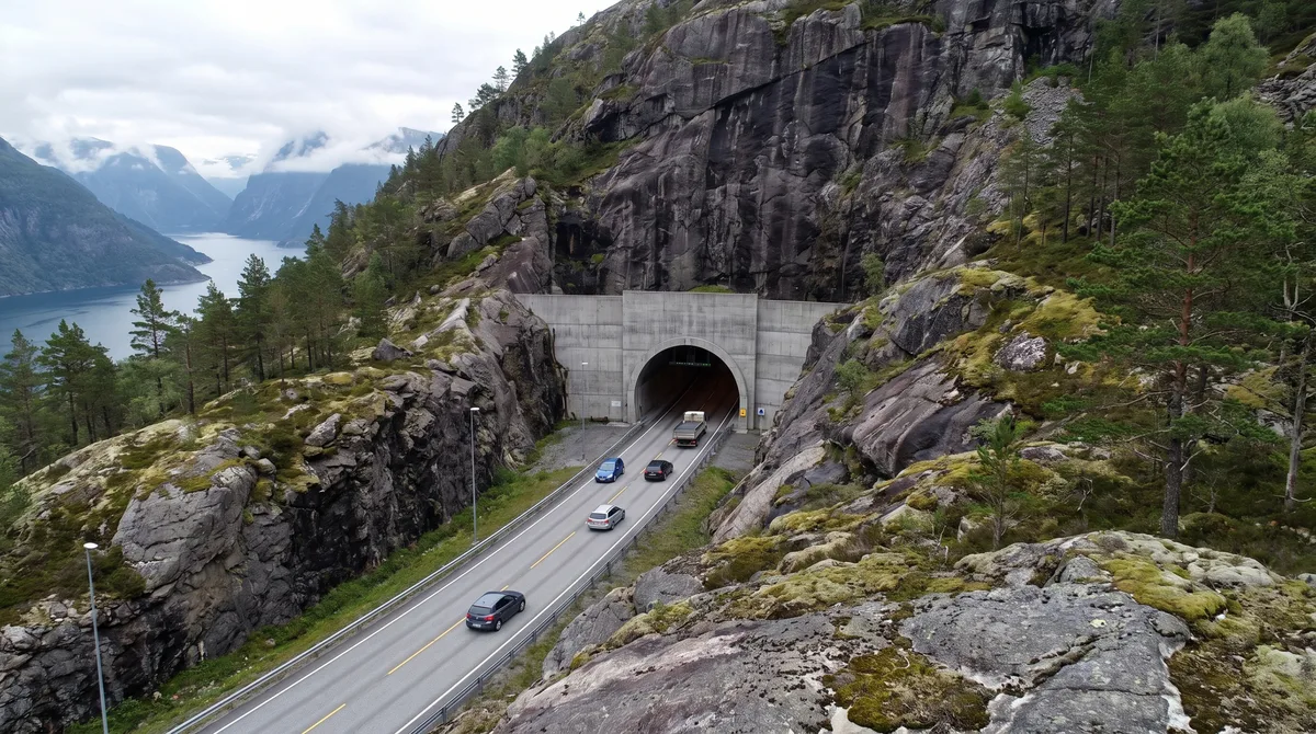 A saída deste túnel na Noruega tem 23 metros de altura e foi moldada para que uma ponte sobre o fiorde apareça aos poucos diante do motorista
