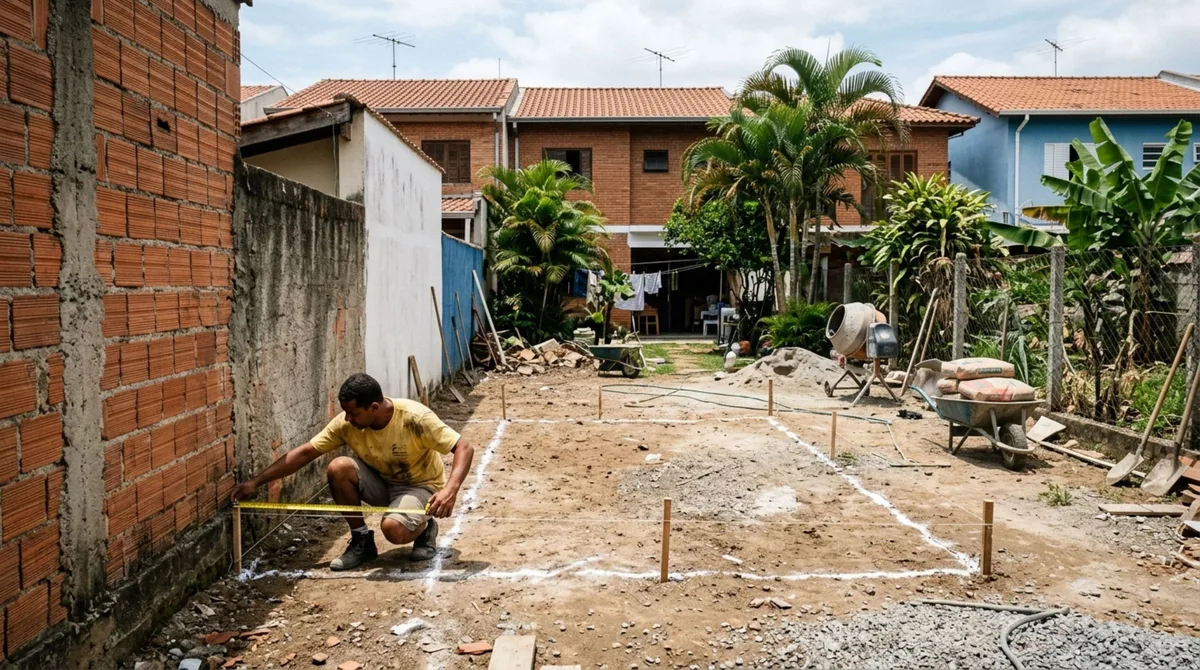 Família começa a construir piscina e descobre que muro do vizinho reduziu a largura do quintal, proprietário afirma que divisão sempre esteve naquele ponto e não irá mudar