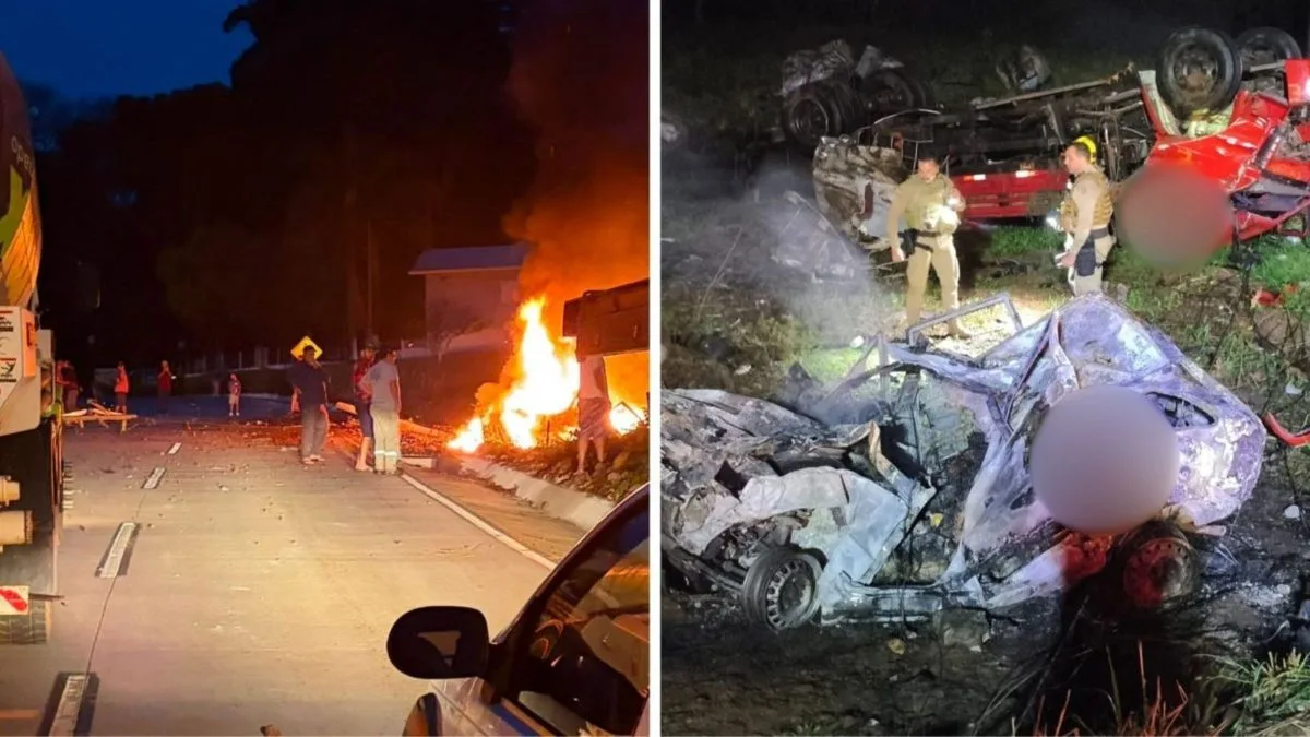 Tragédia na SC-305: pai e filhos morrem carbonizados após colisão derrubar poste de alta tensão sobre carro