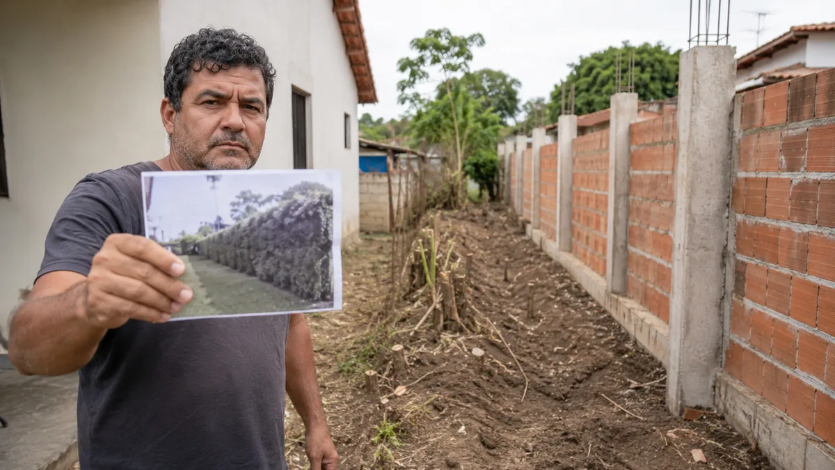 Família volta do fim de semana e encontra cerca viva de mais de 20 anos arrancada para construção de parede, ela exige replantio e indenização pelas árvores removidas
