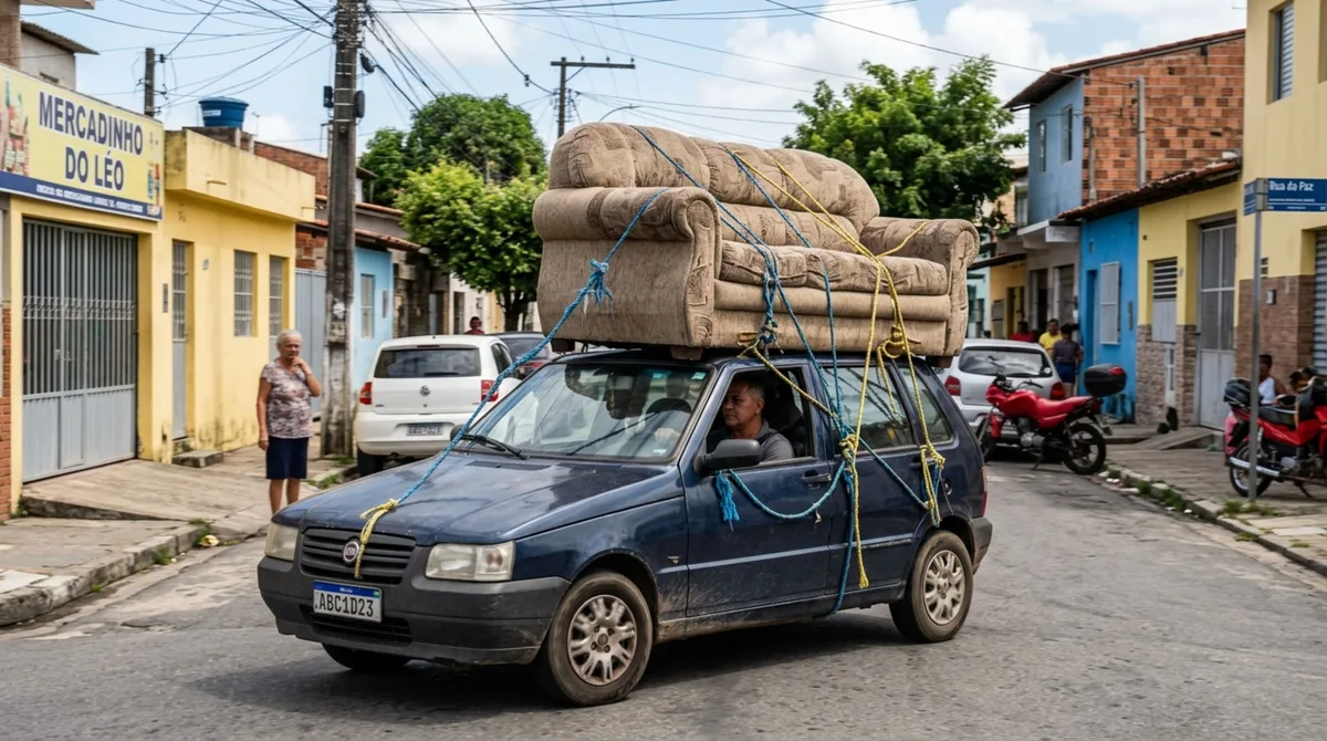 Motorista precisava levar um sofá para outro endereço, ao perceber que ele não passaria pelo porta-malas, decide prendê-lo diretamente sobre o teto do carro e fiscalização explica por que apenas usar cordas pode não resolver o problema