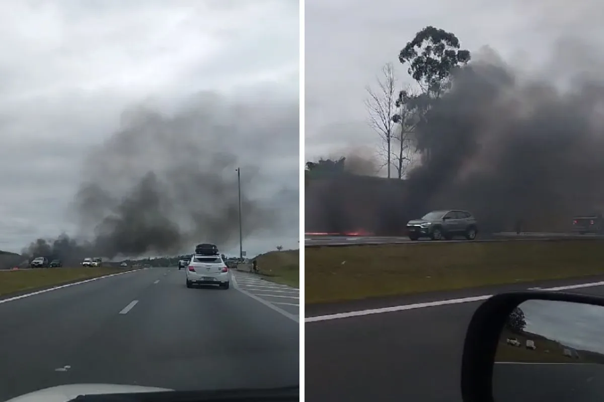 Caminhão pega fogo na Rodovia Carvalho Pinto e fumaça cobre parte da pista em São José dos Campos; veja vídeo