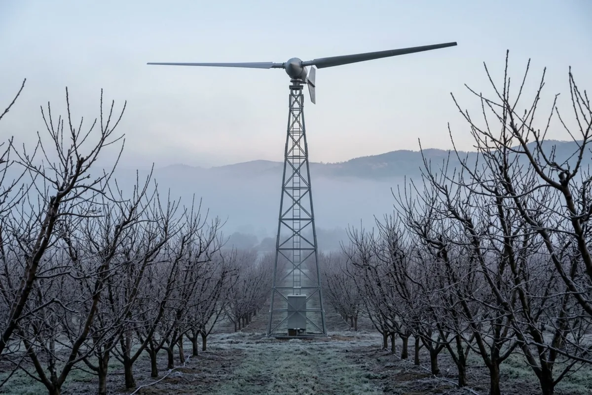 Colocaron un ventilador de 4,5 metros en una torre y salvaron sus cultivos de duraznos y frutas de las heladas