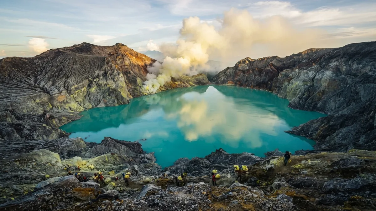 Um lago turquesa dentro deste vulcão da Indonésia já teve pH abaixo de zero e alimenta um rio que chega a áreas agrícolas 40 km adiante