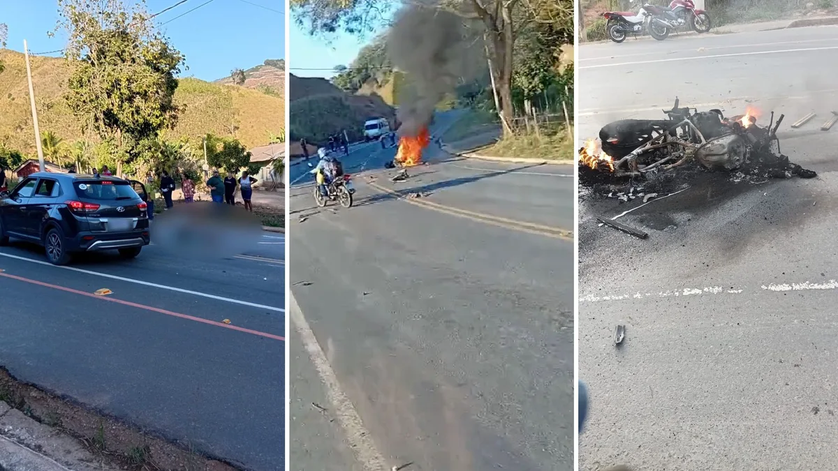 Motocicleta pega fogo após acidente com carro em Muniz Freire