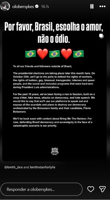 Oliver Sykes se posiciona sobre eleições no Brasil: “escolha o amor”