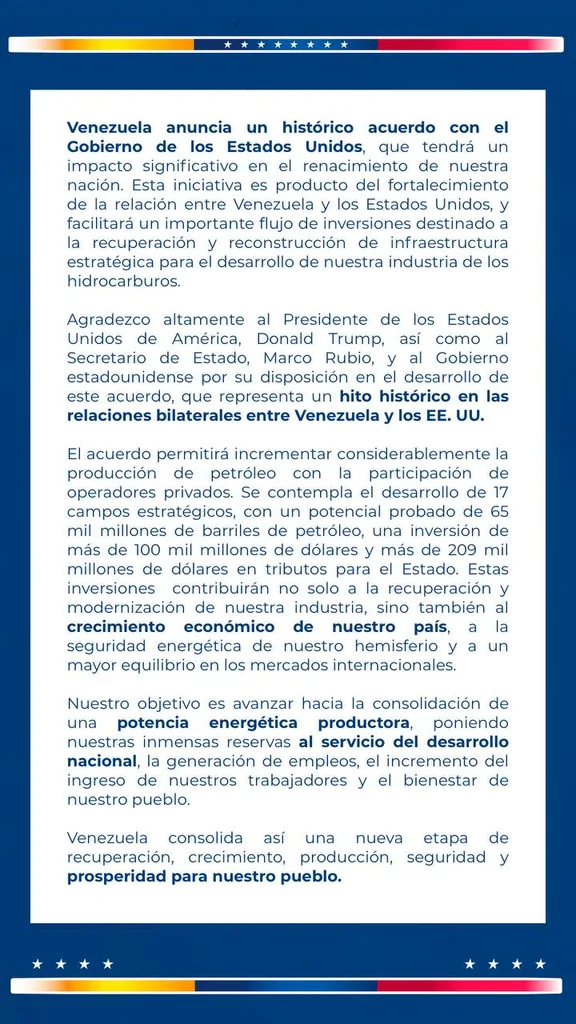Venezuela confirma acuerdo petrolero con EEUU