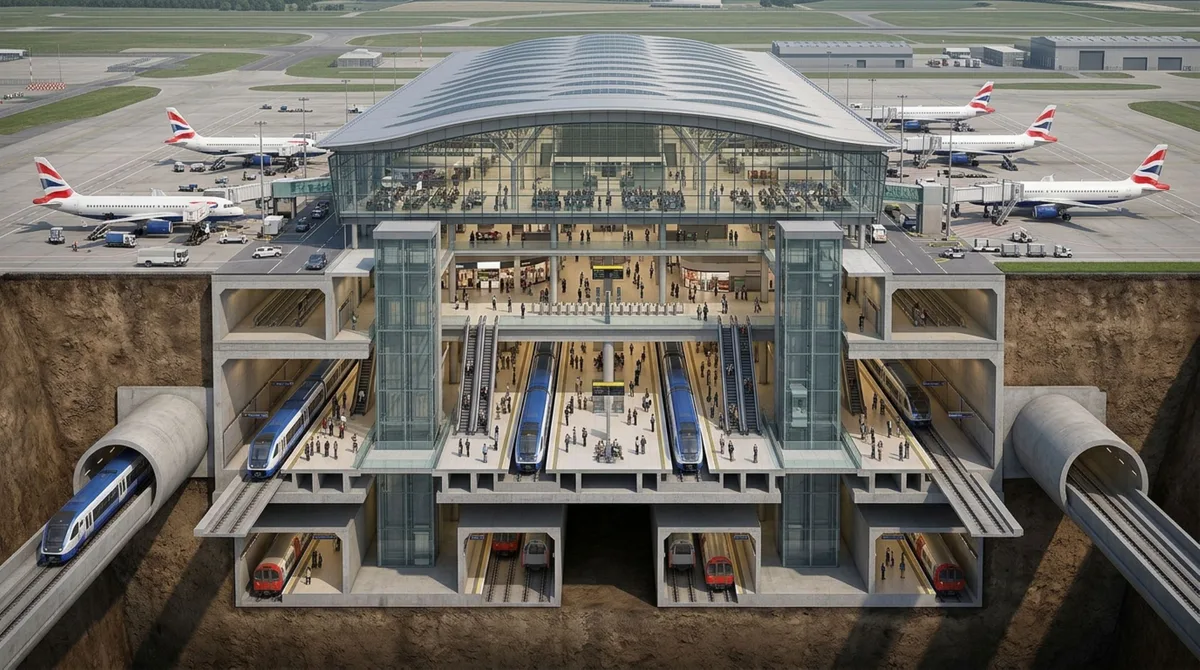A megaestação subterrânea de 4 níveis construída sob um aeroporto internacional enquanto os voos continuavam