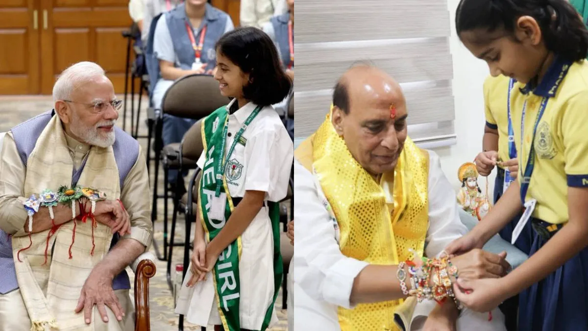 PM Modi, Rajnath Singh celebrate Raksha Bandhan with schoolgirls and NCC cadets; Kharge, Rahul Gandhi extend wishes