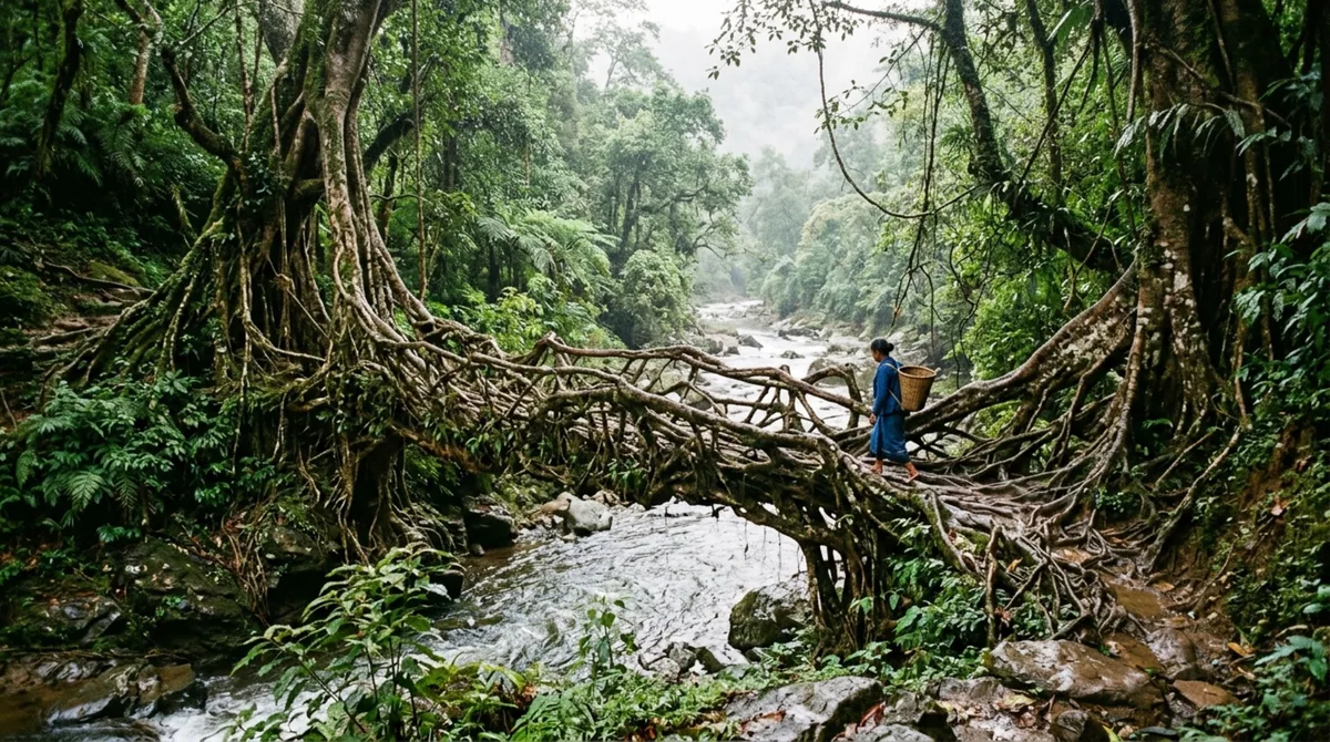 A ponte natural formada por raízes vivas que continua crescendo enquanto as pessoas a utilizam para atravessar rios