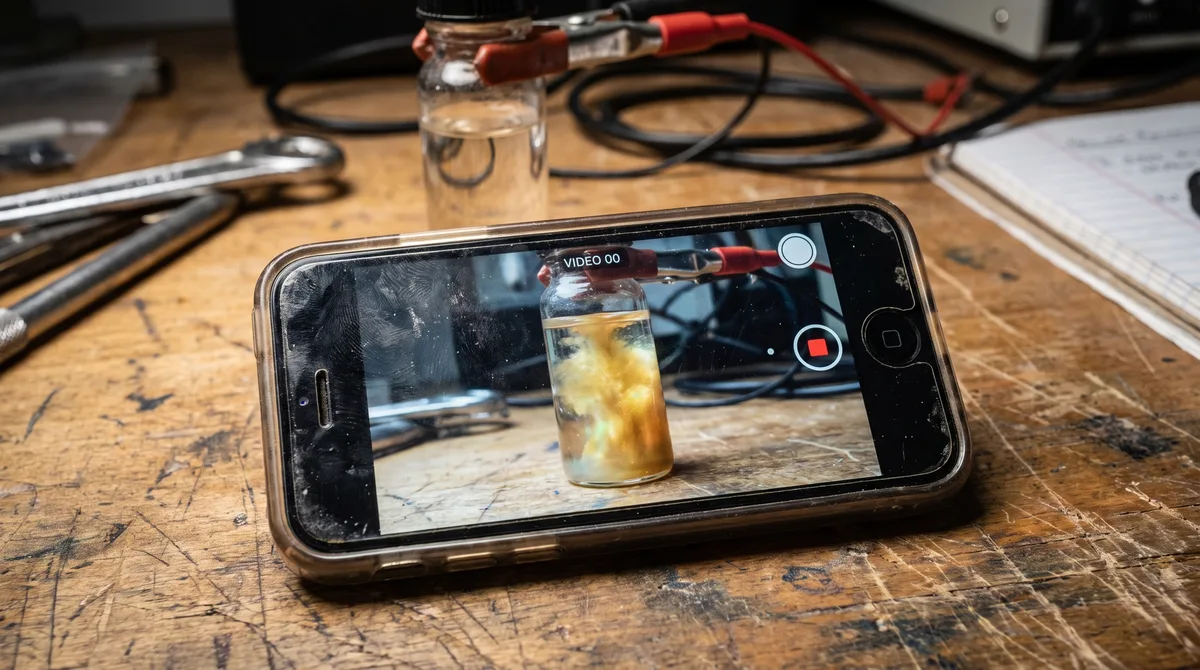 Uma câmera de iPhone acompanhou partículas nascendo dentro de um frasco e ajudou a resolver um problema que normalmente exige instrumentos especializados