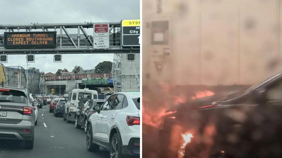 ‘What the hell’: Traffic at standstill after car fire rips through Harbour Bridge Tunnel