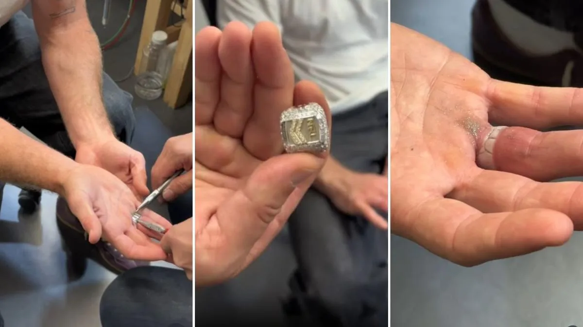 Roosters fan favourite Connor Watson gets Trent Robinson’s premiership ring stuck on finger