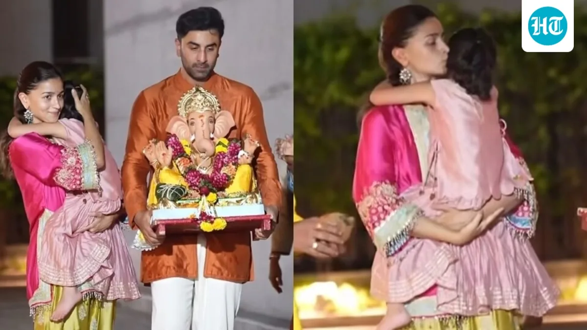 Ranbir Kapoor carries Ganpati during visarjan, Alia Bhatt protects Raha from camera flashes. Watch